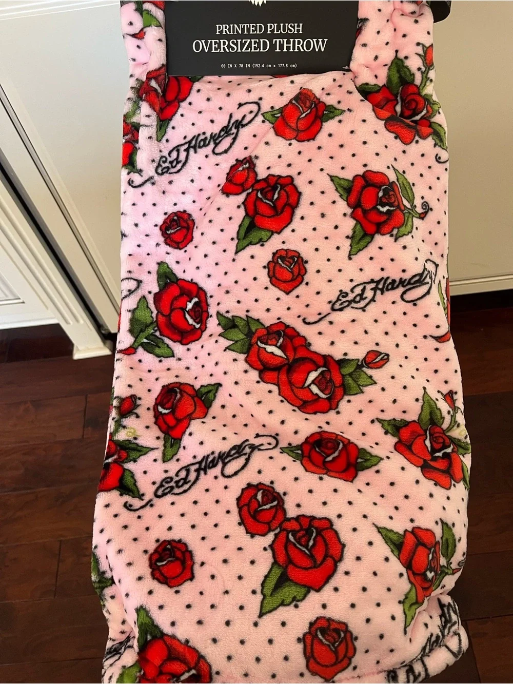 Ed Hardy Pink Background Black Polka Dots Red Roses Throw Blanket